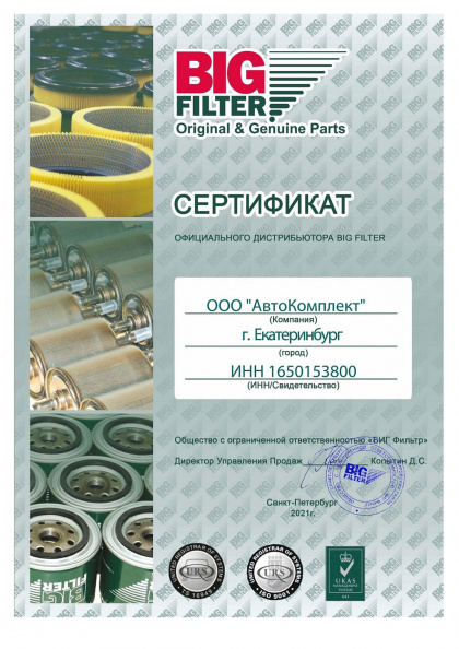 Сертификат официального дилера BIG Filter в Екатеринбурге