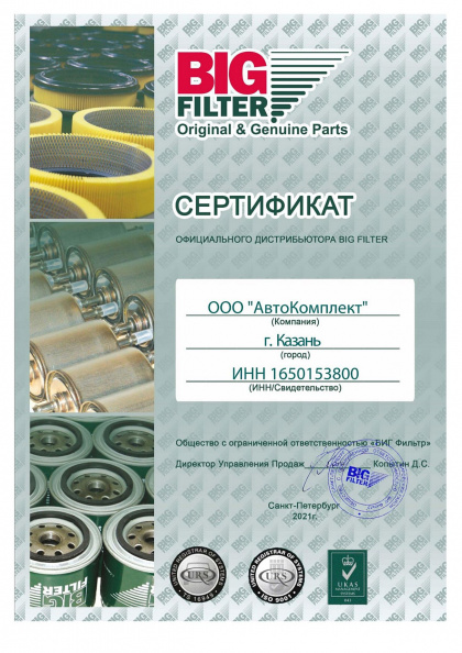Сертификат официального дилера BIG Filter в Казани
