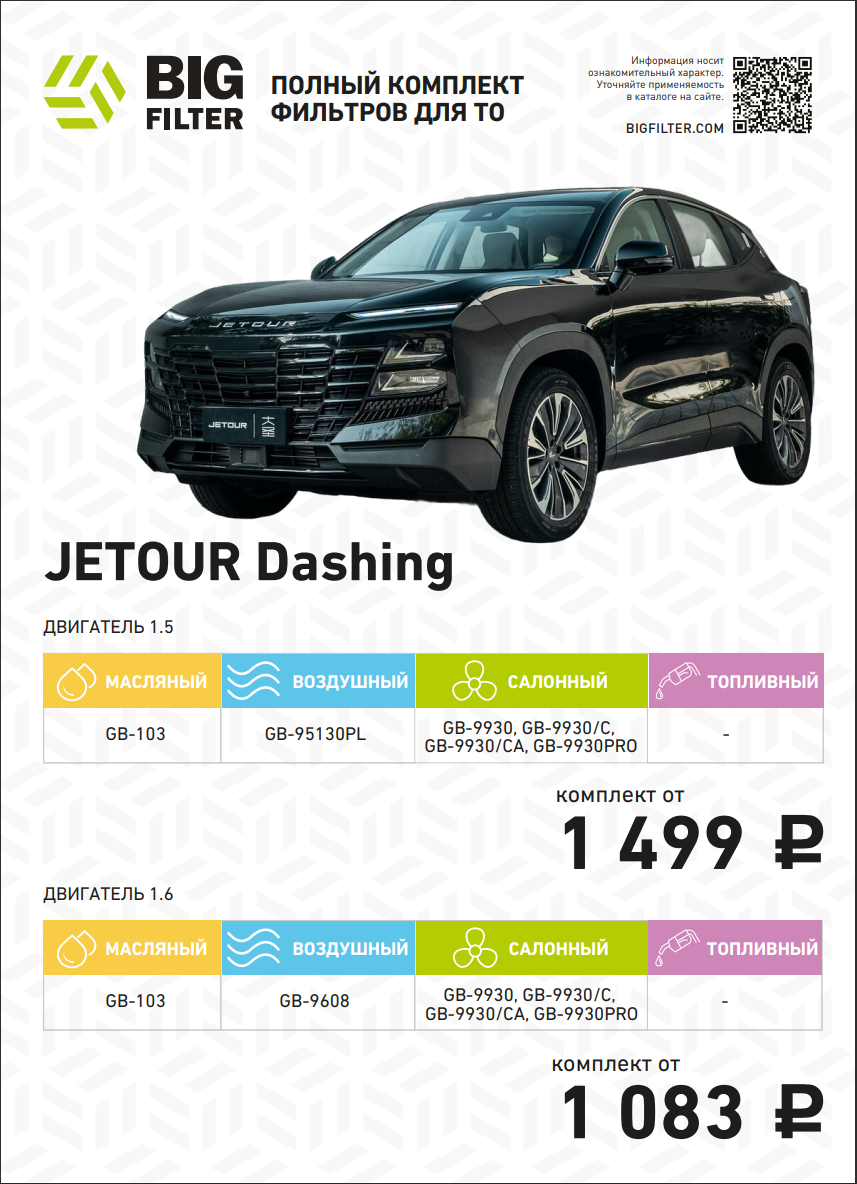 Комплект фильтров для автомобиля JETOUR Dashing