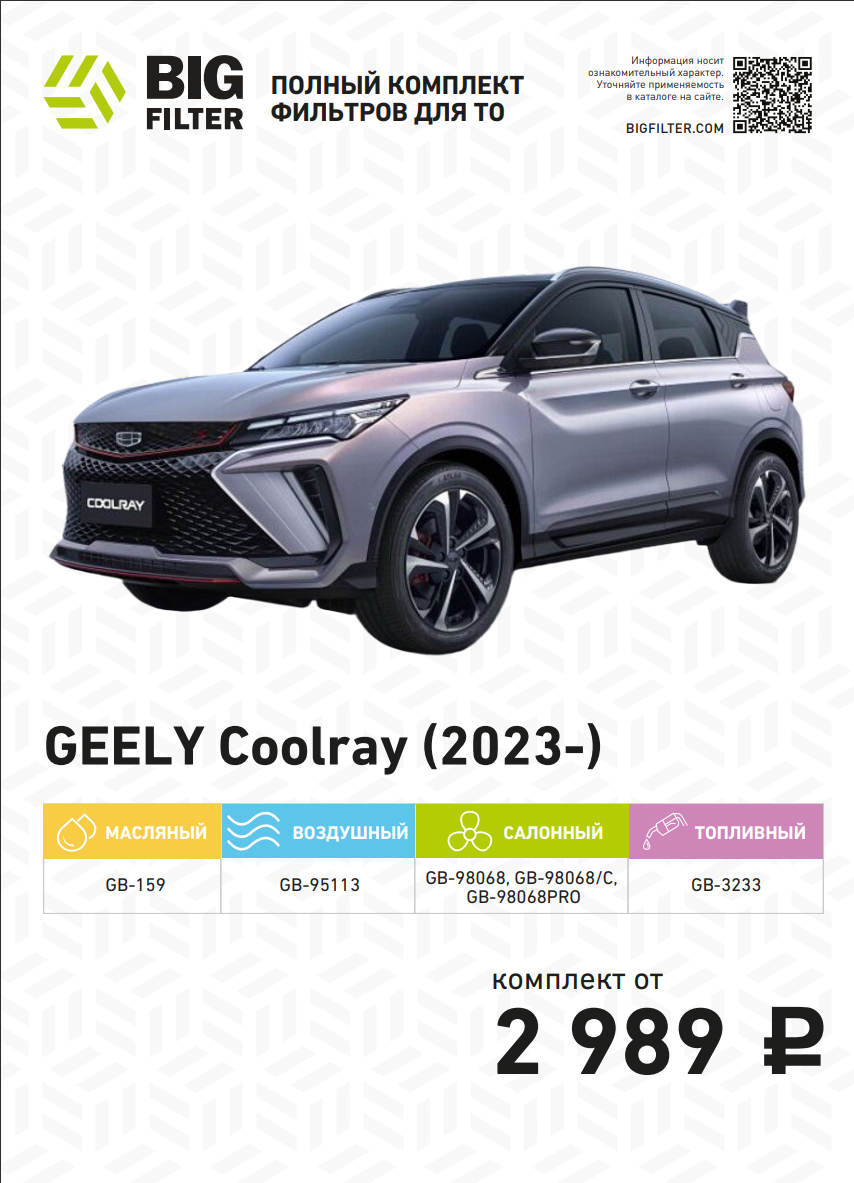 Новый комплект фильтров для автомобиля GEELY Coolray теперь в продаже!